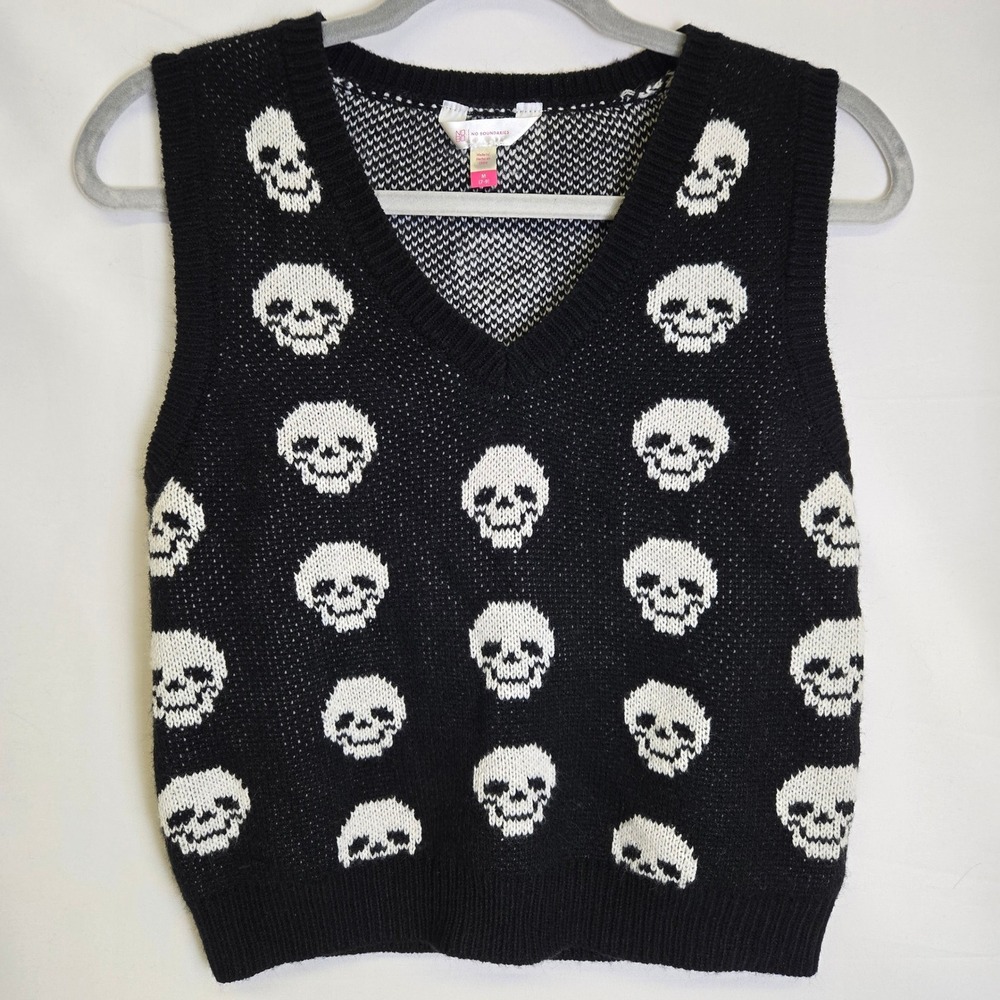 No Boundaries Skull Sweater Vest V-neck Alt Goth Black White Juniors Medium 7-9